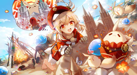 HD PC desktop wallpaper featuring Klee from Genshin Impact surrounded by colorful slimes in a vibrant, animated video game scene.