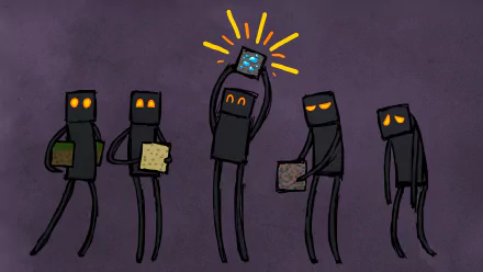 Minecraft Enderman HD wallpaper featuring a group of cartoon Endermen holding blocks with one highlighted holding an illuminated block above its head on a purple background.