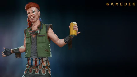 HD desktop wallpaper featuring a Gamedec character with a mohawk, toasting with a drink, set against a dark background with the Gamedec logo.