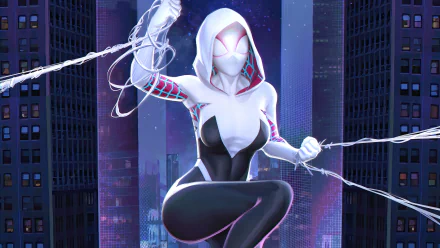 Spider-Gwen in her iconic white and black suit swings through a neon-lit cityscape, captured in stunning 4K Ultra HD for a dynamic comic-style PC desktop wallpaper.