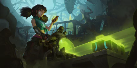 Ekko in a Zaun workshop, tinkering with glowing green tech; Legends of Runeterra/League of Legends video game HD PC desktop wallpaper.
