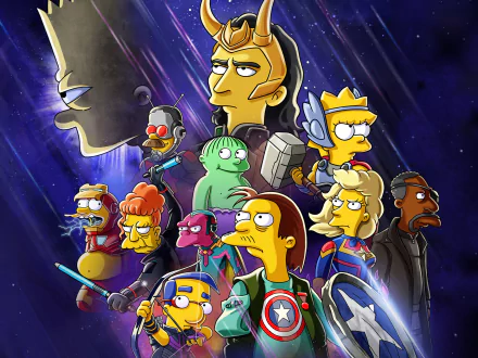 HD PC desktop wallpaper featuring a crossover of Marvel heroes like Hawkeye, Ant-Man, Captain Marvel, Iron Man, Hulk, Thor, Loki, Nick Fury alongside Simpsons characters including Bart, Lisa, Milhouse, Ralph, and Ned.