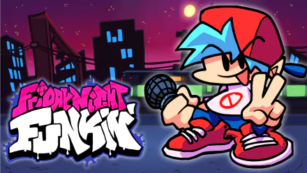 HD PC desktop wallpaper/background for the video game Friday Night Funkin' featuring the blue‑haired protagonist in a red cap holding a microphone against a neon city skyline with the game's logo.
