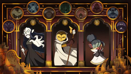 HD desktop wallpaper featuring The Owl House characters The Golden Guard, Lilith Clawthorne, Kikimora, and Hunter in a detailed, theatrical setting from the TV show.