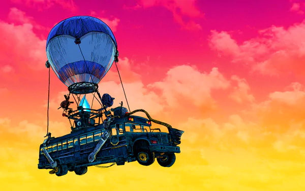 Fortnite loading screen HD PC desktop wallpaper: the blue-striped Battle Bus suspended by a balloon against a vivid pink-to-gold sky.