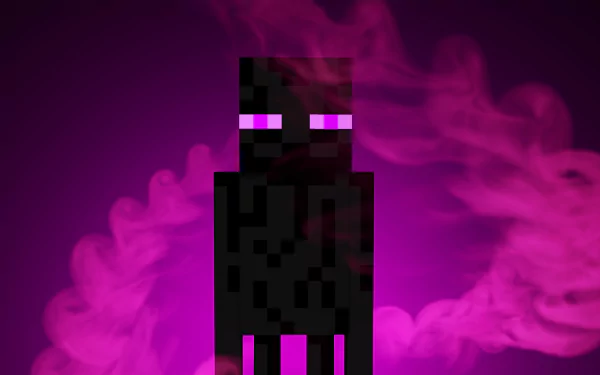 HD desktop wallpaper featuring a Minecraft Enderman with glowing purple eyes on a purple smoky background.