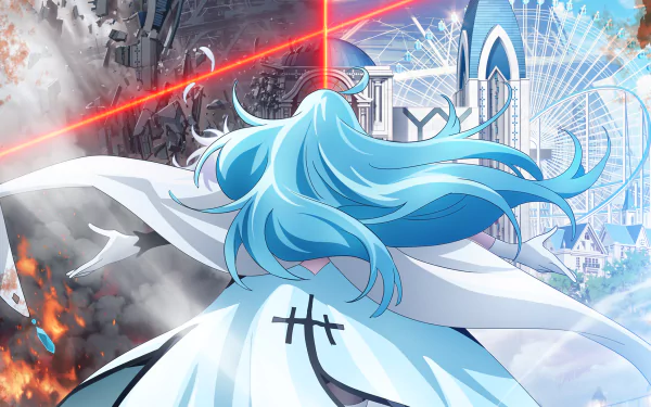 Anime wallpaper featuring Vivy from Vivy: Fluorite Eye's Song. Vivy with aqua hair stands with a futuristic city in the background. Red beams of light and contrasting landscapes create a dynamic scene.