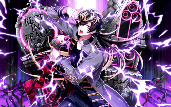 HD PC desktop wallpaper featuring Jyushi Aimono from Hypnosis Mic in a dynamic, electrifying pose with vivid purple and black tones.