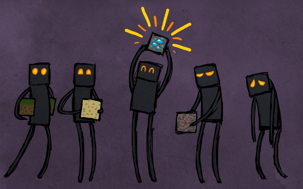 Minecraft Enderman HD wallpaper featuring a group of cartoon Endermen holding blocks with one highlighted holding an illuminated block above its head on a purple background.
