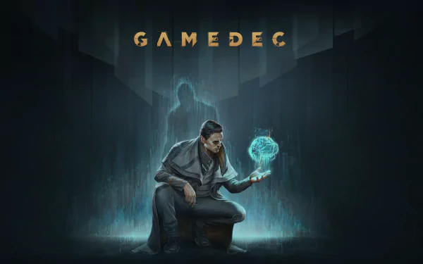 HD Gamedec desktop wallpaper featuring a detective analyzing a holographic interface.