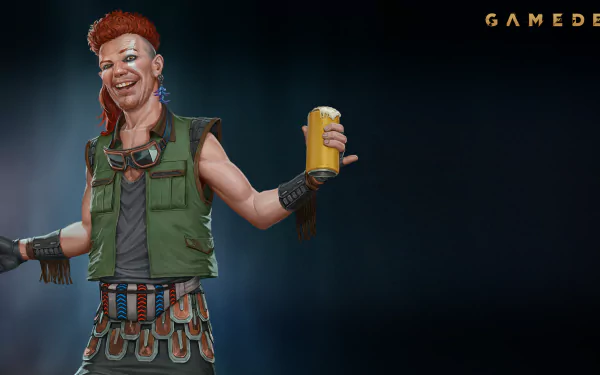 HD desktop wallpaper featuring a Gamedec character with a mohawk, toasting with a drink, set against a dark background with the Gamedec logo.
