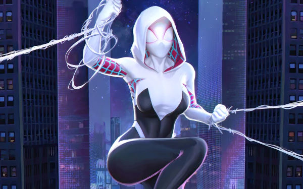 Spider-Gwen in her iconic white and black suit swings through a neon-lit cityscape, captured in stunning 4K Ultra HD for a dynamic comic-style PC desktop wallpaper.