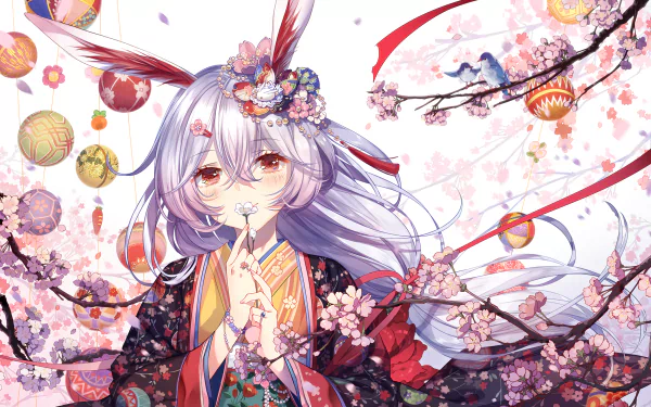 A high-definition desktop wallpaper featuring Theresa Apocalypse from Honkai Impact 3rd, wearing a kimono amidst a backdrop of cherry blossoms and traditional decorative elements.