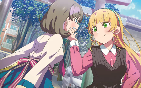 4K Ultra HD PC desktop wallpaper of Sumire Heanna and Keke Tang from Love Live! Superstar!! — anime scene of the two girls smiling and whispering in a sunlit school courtyard