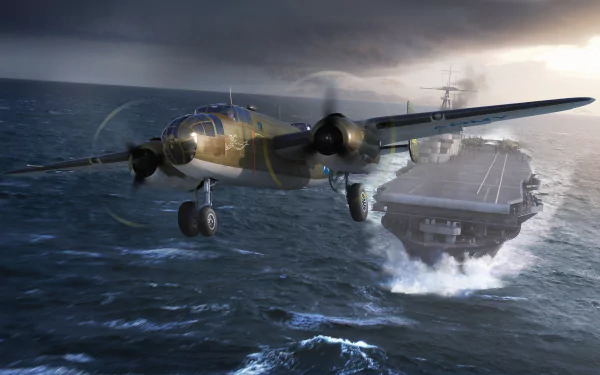 4K Ultra HD PC desktop wallpaper: North American B-25 Mitchell bomber warplane flies low over choppy sea past an aircraft carrier in a dramatic military scene.