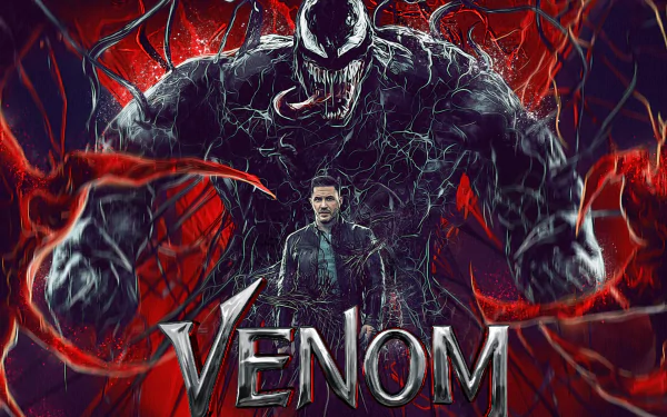 HD PC desktop wallpaper featuring Eddie Brock (Tom Hardy) with Venom from the movie Venom: Let There Be Carnage, showcasing dark, intense symbiotic energy effects.