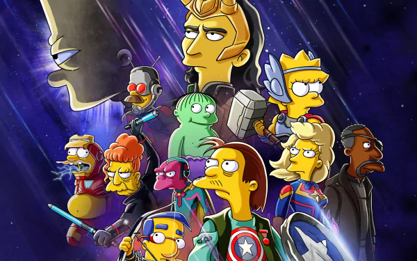 Hawkeye Ant-Man Captain Marvel Iron Man Nick Fury Hulk Thor Ned Flanders Ralph Wiggum Milhouse Van Houten Lisa Simpson Bart Simpson Loki (Marvel Comics) movie The Good, The Bart, and The Loki HD Desktop Wallpaper | Background Image