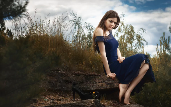 brunette blue dress woman model HD Desktop Wallpaper | Background Image