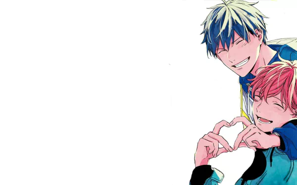 A vibrant HD wallpaper featuring Ritsuka Uenoyama and Mafuyu Sato from the anime Given, showcasing a joyful moment as they form a heart shape with their hands.