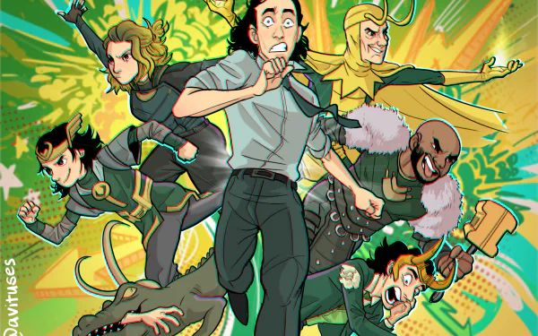 HD PC desktop wallpaper of Loki (Marvel Comics) TV show: central nervous Loki surrounded by Kid Loki, Sylvie Laufeydottir and other Loki variants against an explosive green comic-style background.