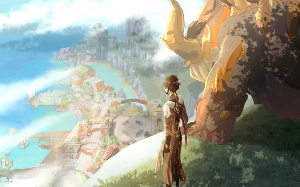 Zhongli stands beside Azhdaha on a cliff, overlooking Liyue's coastal cityscape — Genshin Impact video game 2K Quad HD PC desktop wallpaper/background.