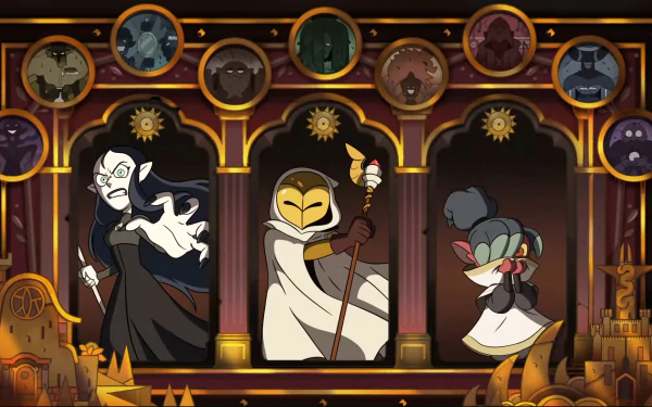 HD desktop wallpaper featuring The Owl House characters The Golden Guard, Lilith Clawthorne, Kikimora, and Hunter in a detailed, theatrical setting from the TV show.