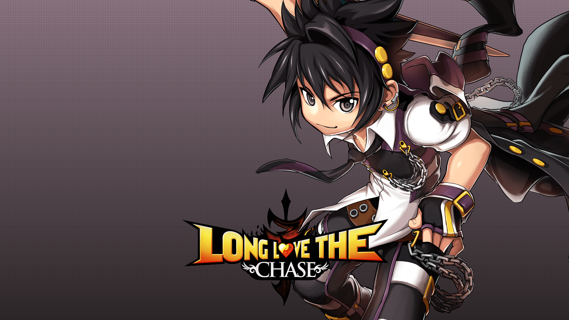 Grand Chase HD desktop wallpaper featuring an animated character with the slogan 'Long Live the Chase' set against a dark background.