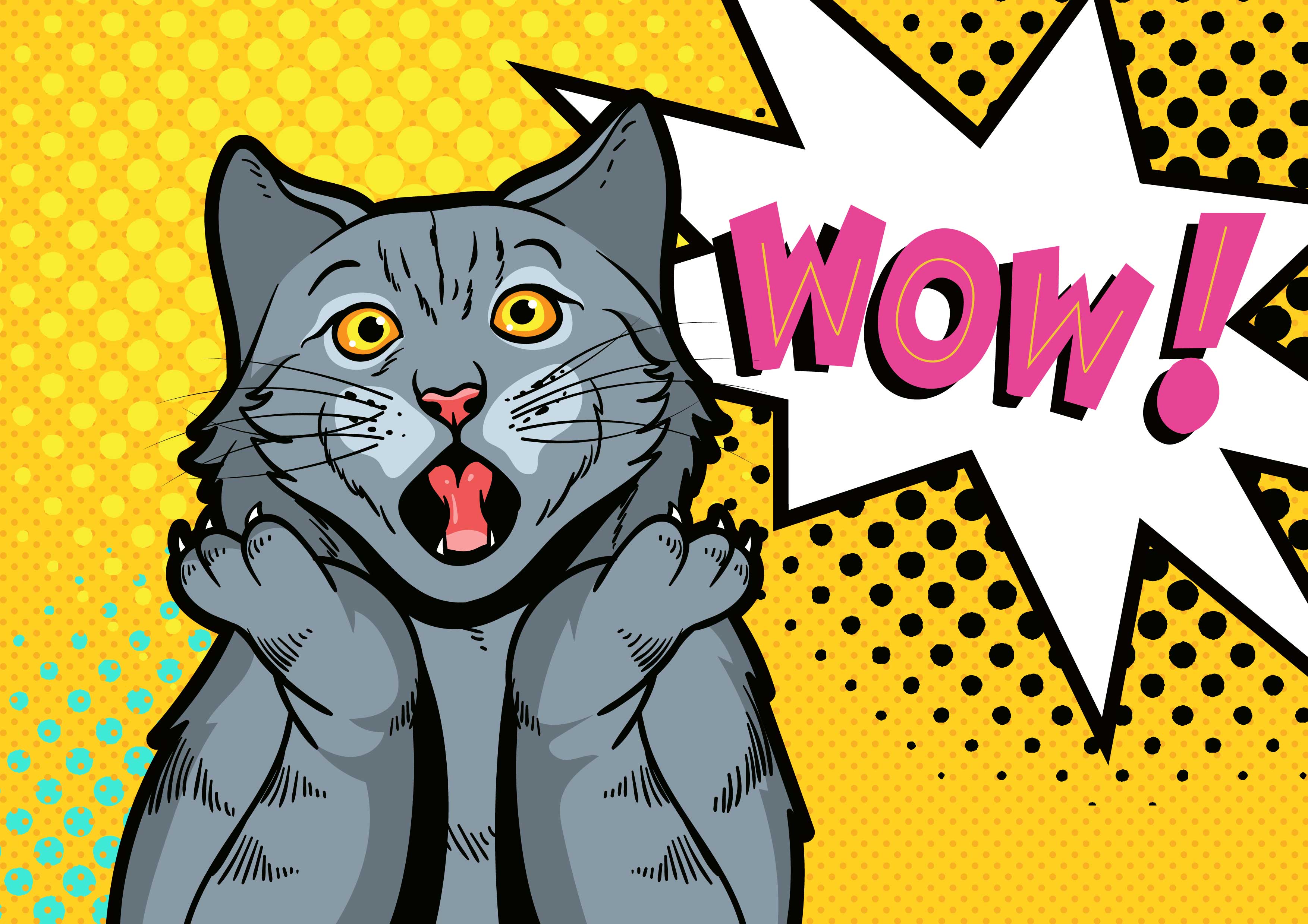 HD desktop wallpaper with a pop art style illustration featuring a surprised gray cat and a 'WOW!' speech bubble on a dotted yellow background.