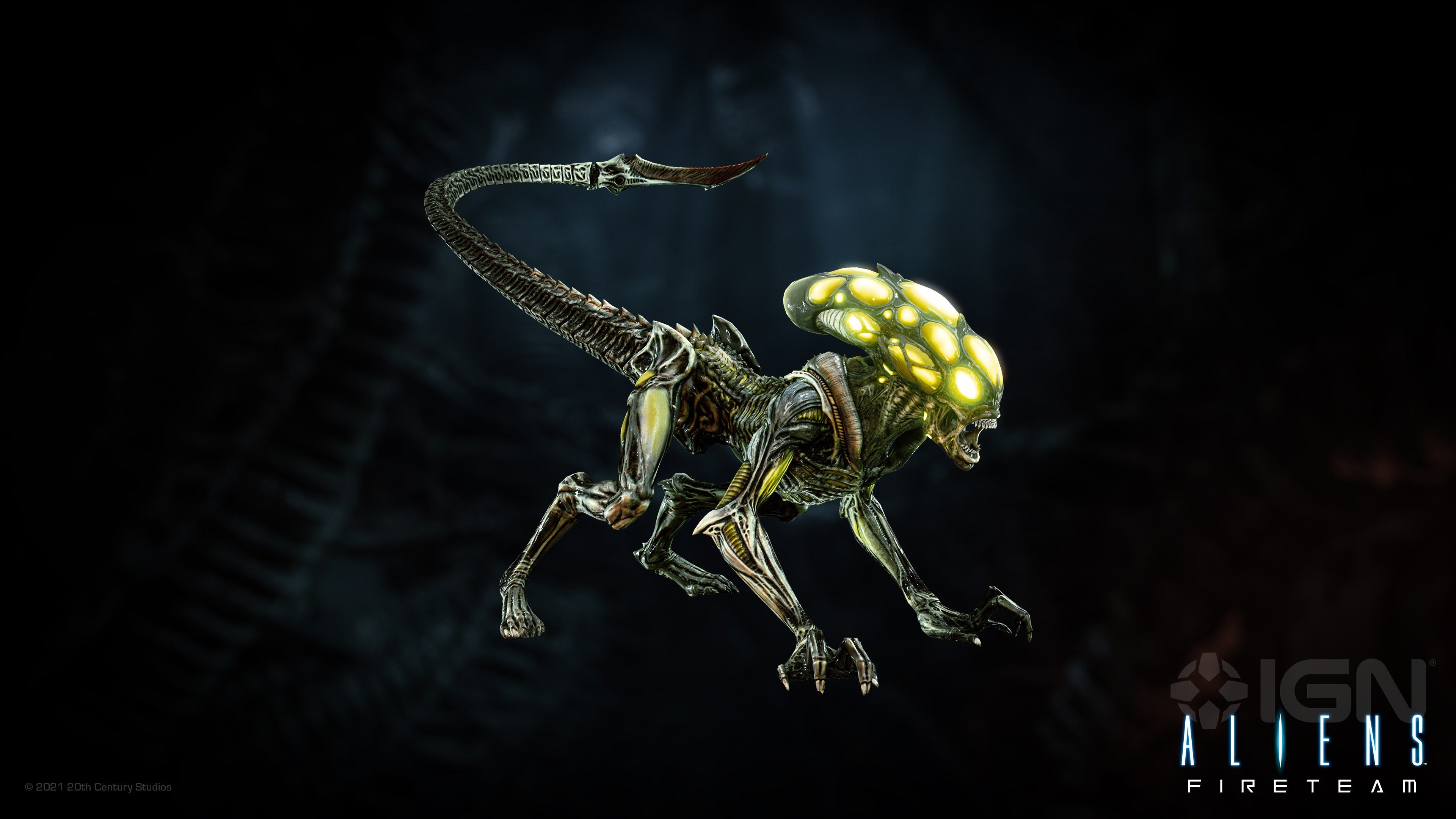 HD desktop wallpaper featuring an Alien creature from Aliens: Fireteam Elite game, set against a dark, atmospheric background.
