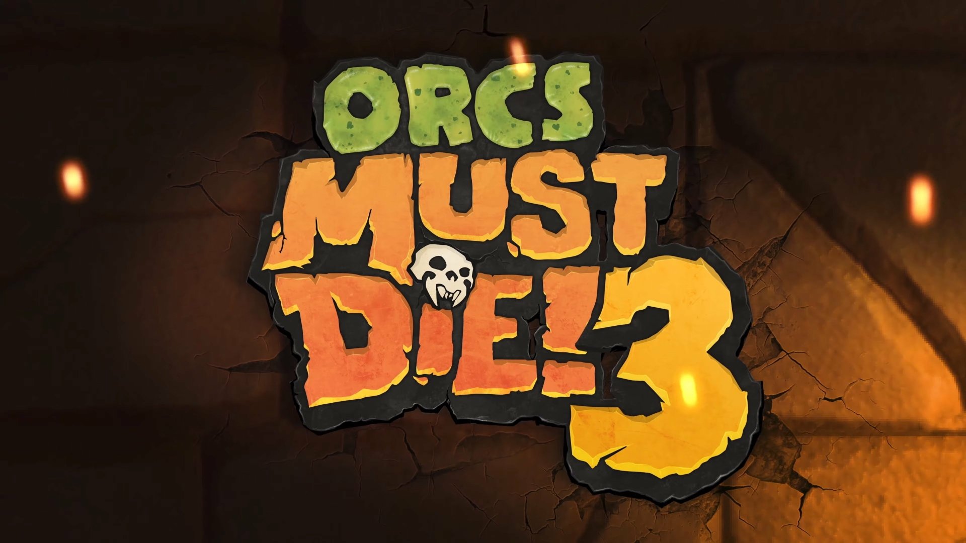Logo of Orcs Must Die! 3 displayed prominently. The image serves as a vibrant 4K Ultra HD wallpaper, showcasing the game's distinctive title and theme.