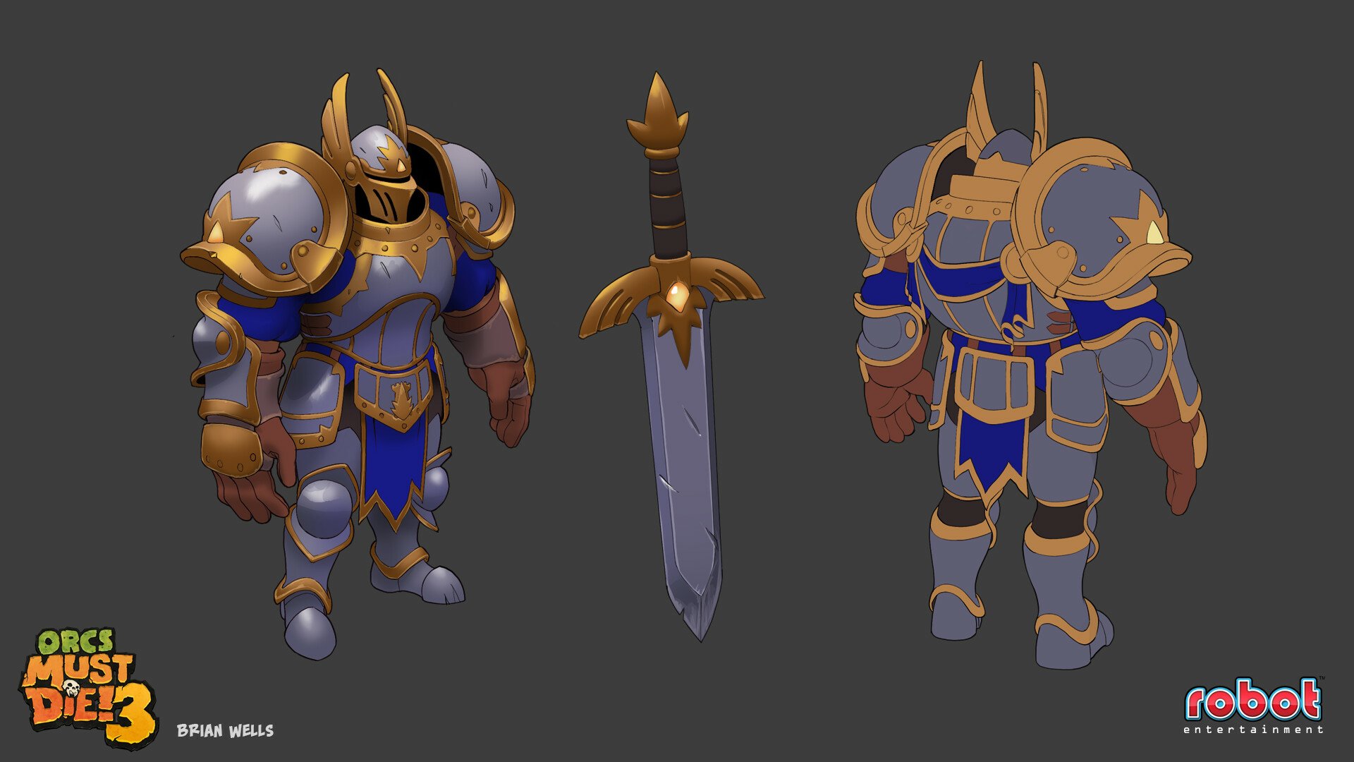 Orcs Must Die! 3 character concept art featuring armored knight with a sword, HD desktop wallpaper background.