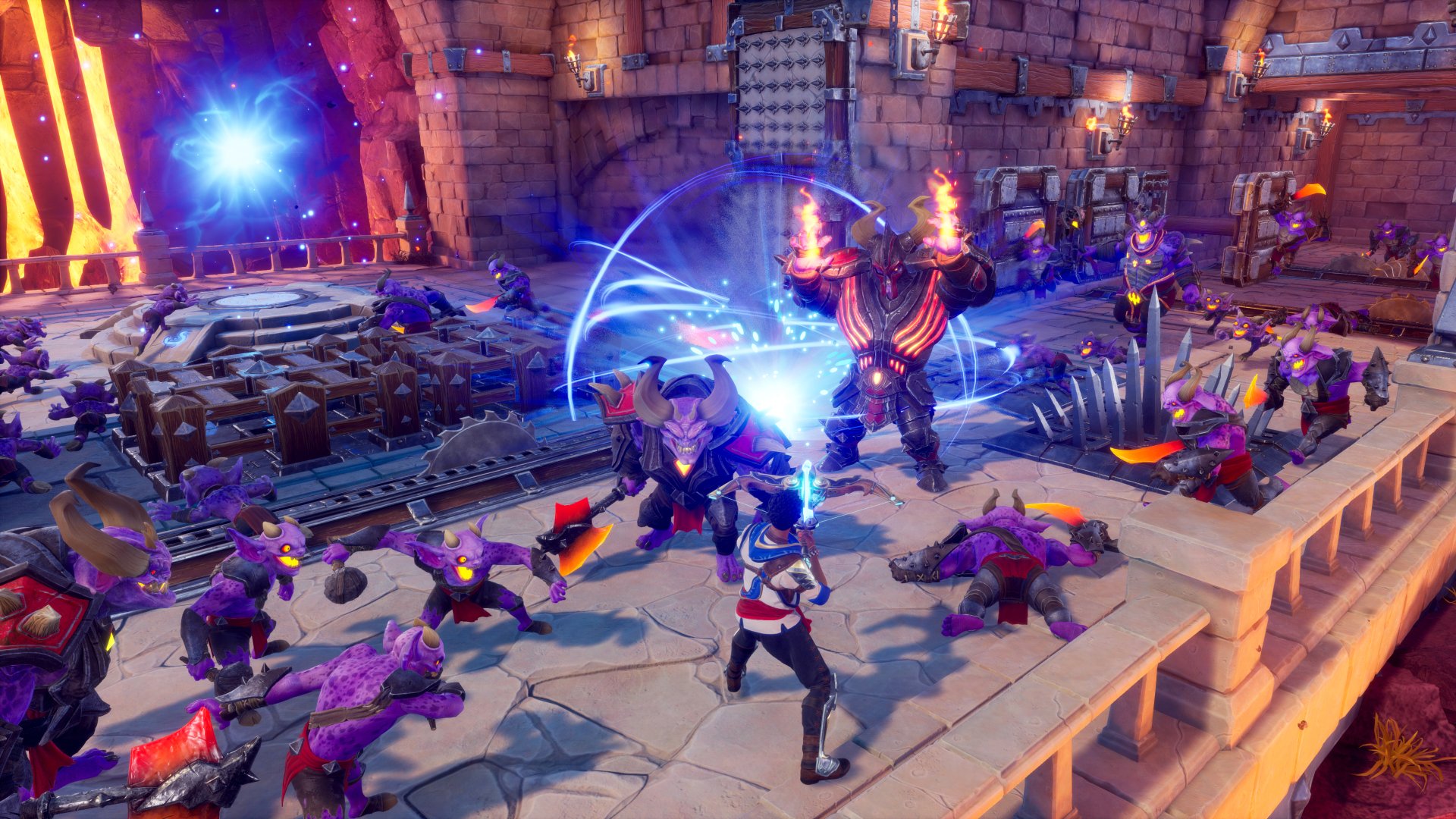 HD Wallpaper of Orcs Must Die! 3 gameplay featuring dynamic battle scene with characters and orcs in a fortress environment for desktop background.