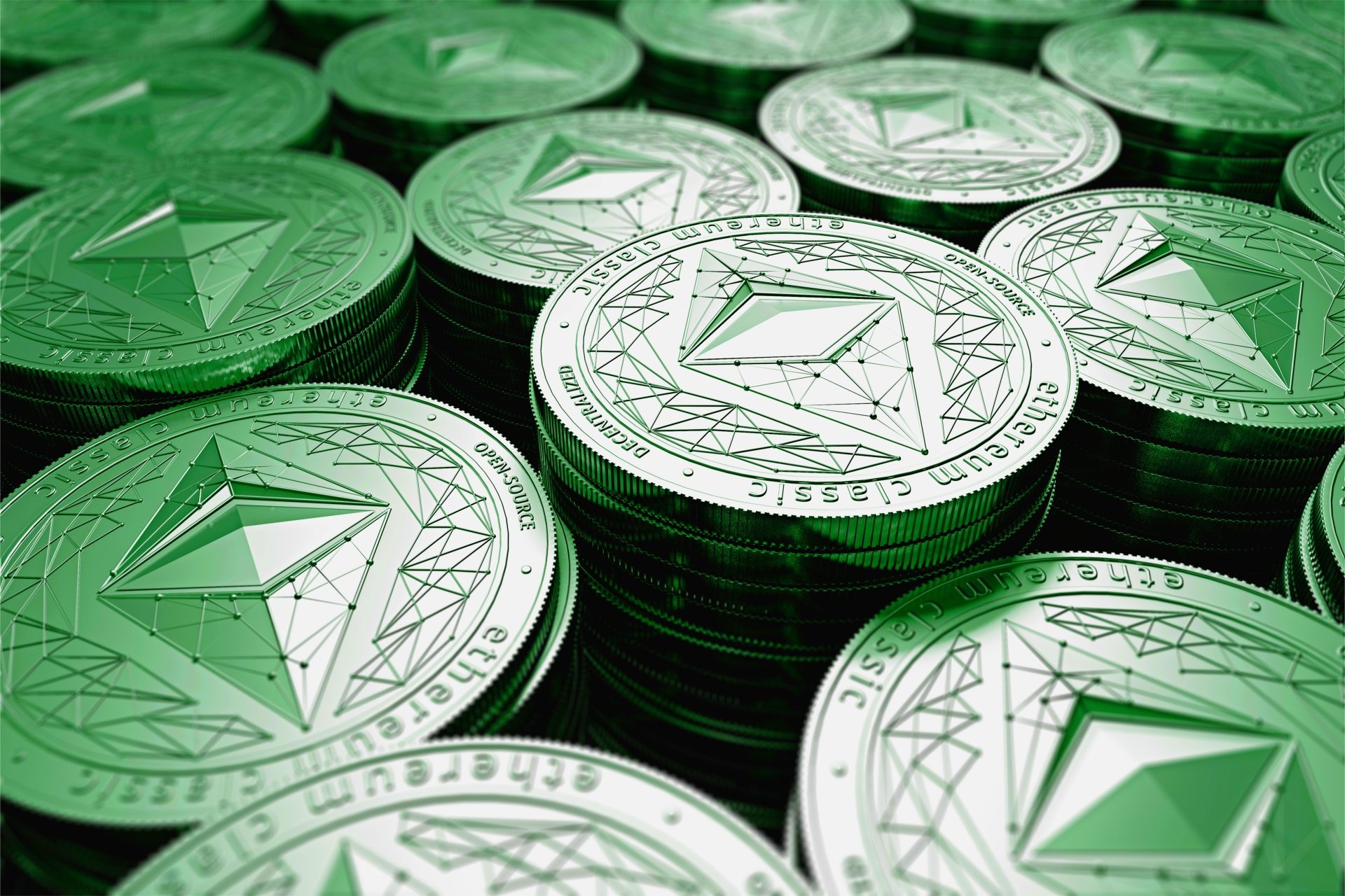 Close-up of stacked Ethereum coins representing cryptocurrency and technology, rendered in high detail as a 4K Ultra HD desktop wallpaper background.