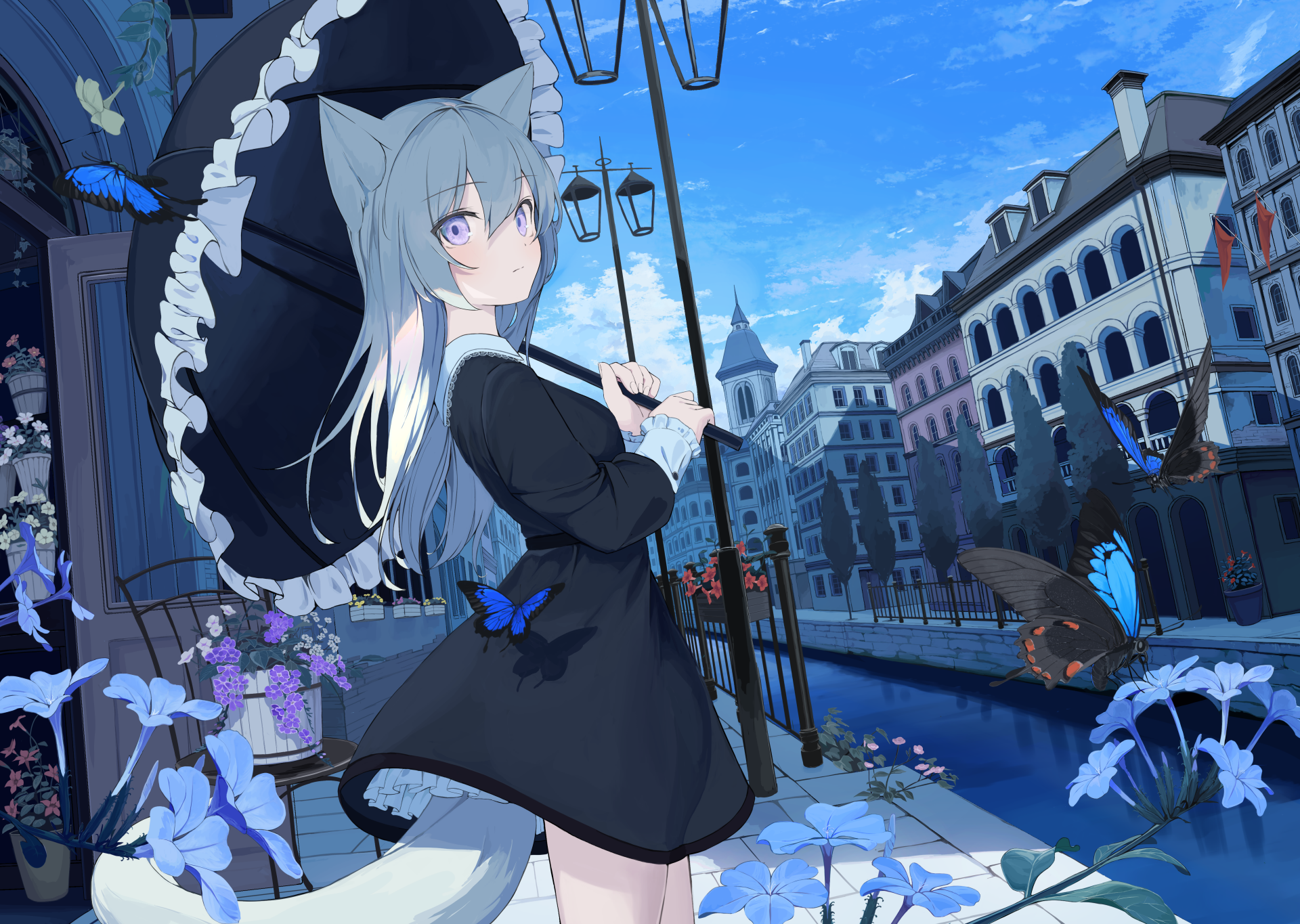Anime girl with silver hair holding a black umbrella stands by a canal in a detailed 4K Ultra HD cityscape background, surrounded by blue butterflies.