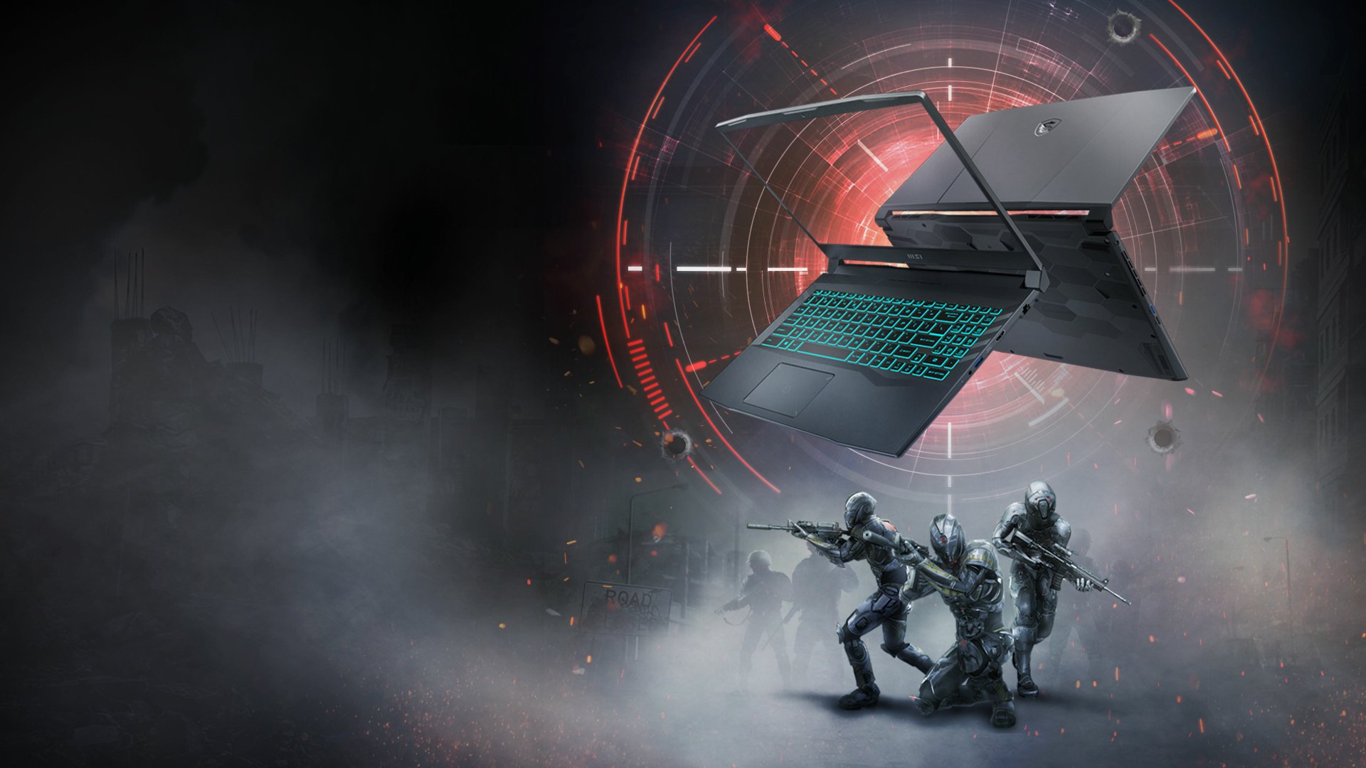 MSI gaming laptop with teal backlit keyboard floats before a red circular HUD over a foggy battlefield with armed soldiers — 4K Ultra HD PC desktop wallpaper and background