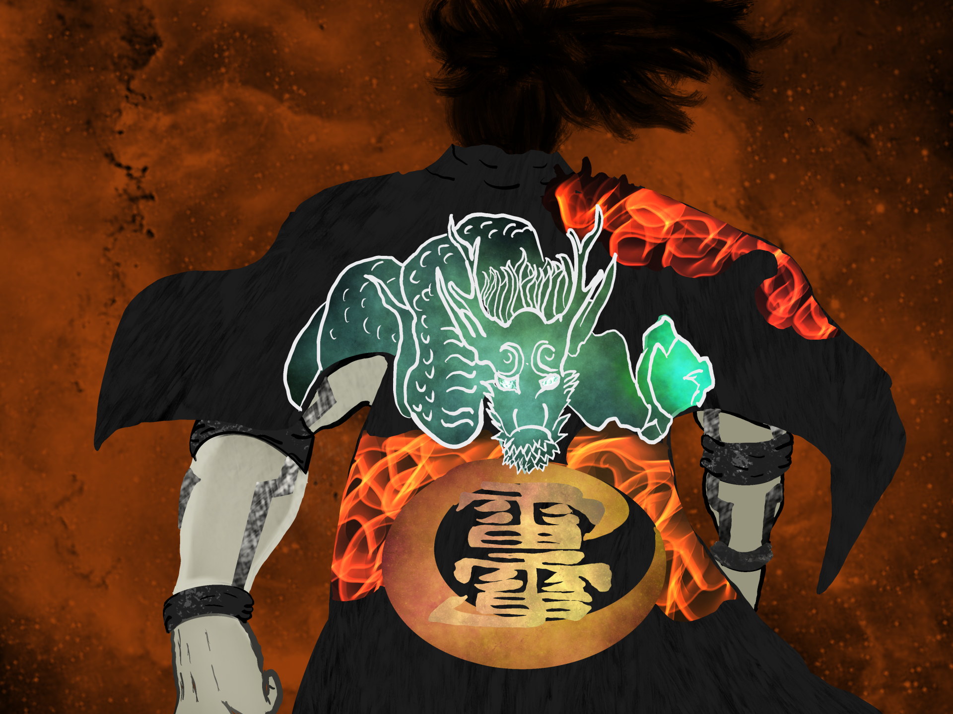 4K Ultra HD anime wallpaper from Record of Ragnarok featuring a character with a flaming dragon design on their back and a glowing emblem on their waist.