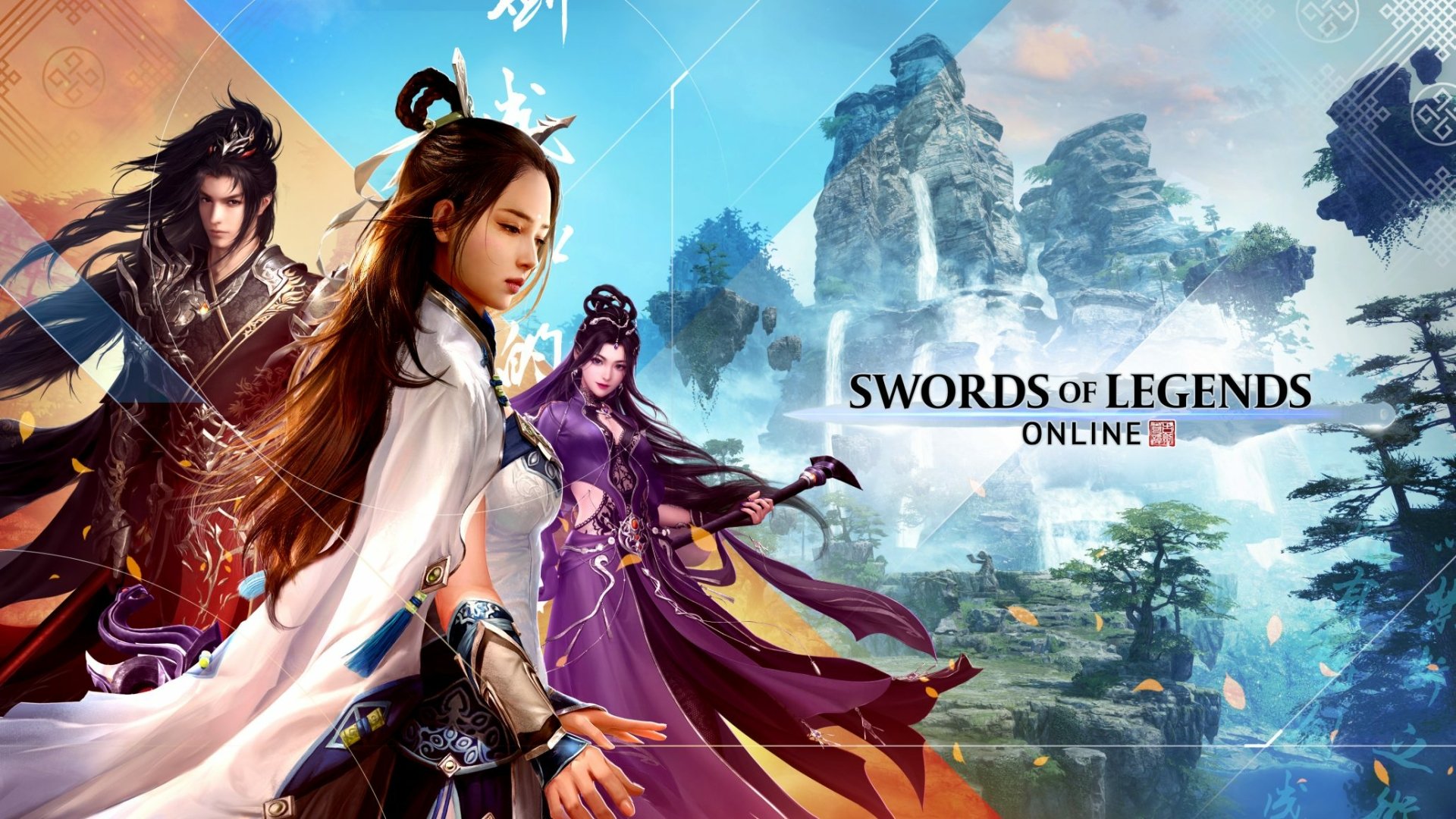 HD desktop wallpaper featuring Swords of Legends Online characters in dynamic poses with game logo on a fantasy backdrop.