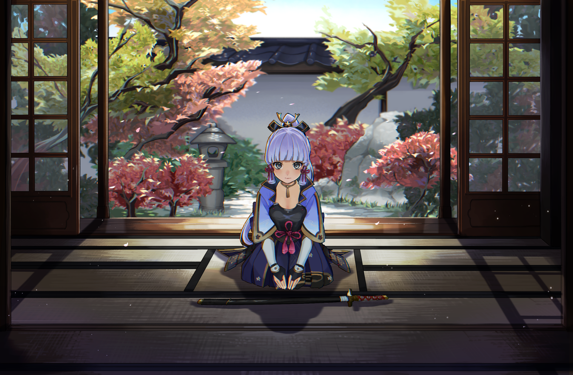 HD PC desktop wallpaper featuring Kamisato Ayaka from Genshin Impact, kneeling in a traditional Japanese-style room overlooking a vibrant garden with cherry blossoms.