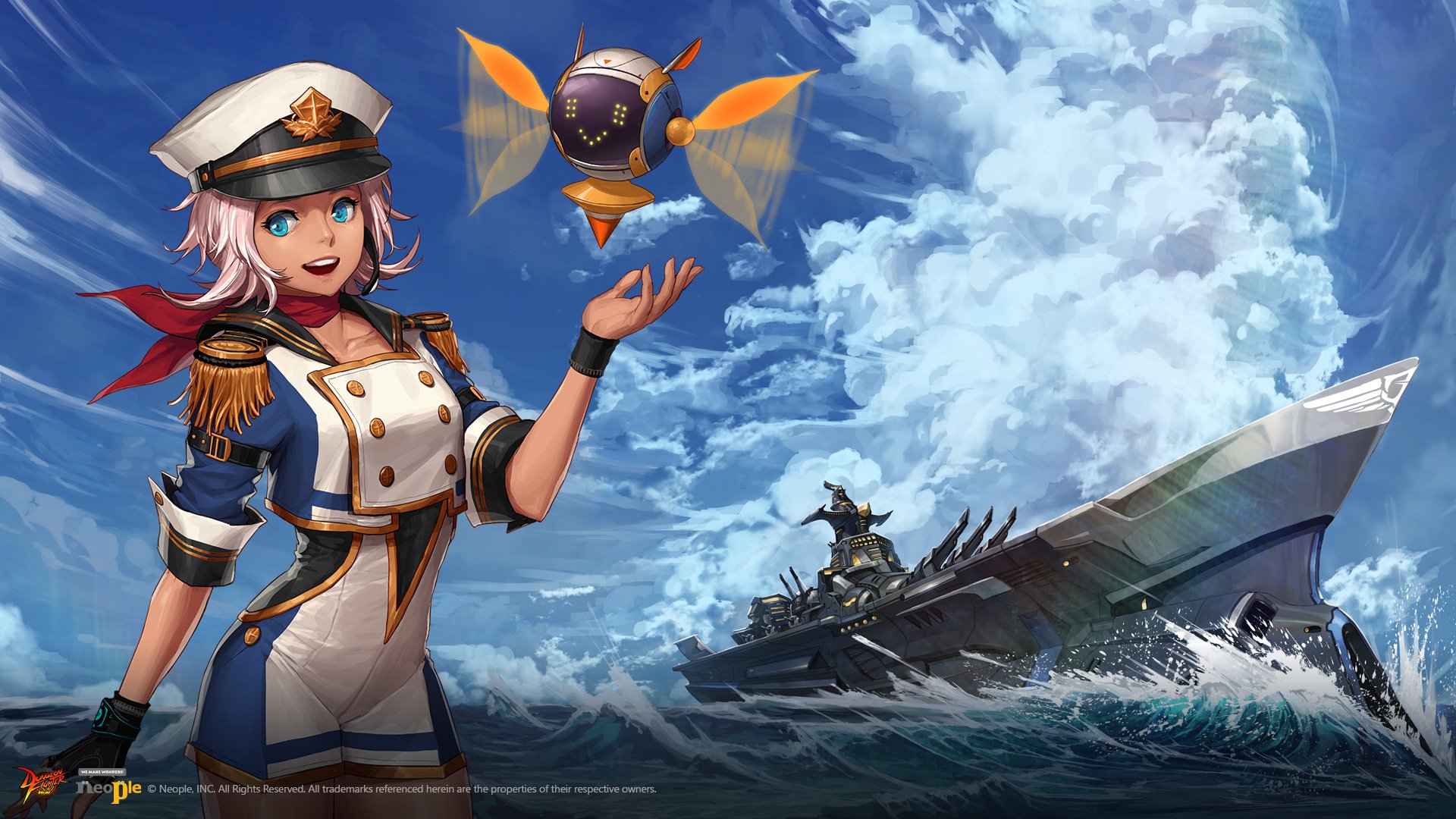 HD wallpaper of Dungeon Fighter Online with a female character in sailor outfit and companion against a backdrop of a stormy sea and battleship.