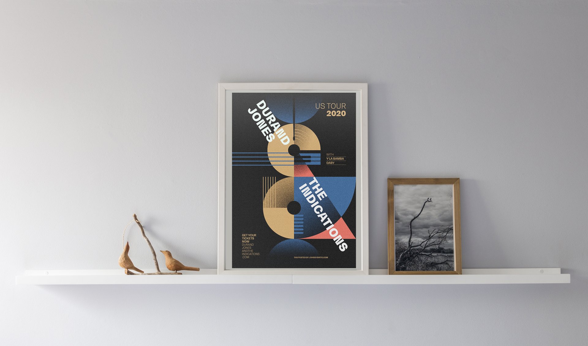 HD desktop wallpaper featuring a framed poster of Durand Jones & The Indications on a white shelf, with minimalistic decor and a serene vibe for background ambiance.