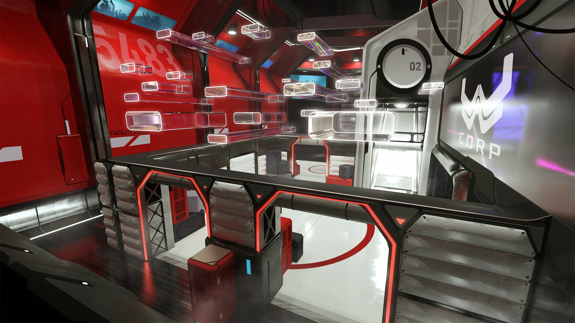 Futuristic red and white interior map from the game Splitgate, offering an immersive HD desktop wallpaper and background.