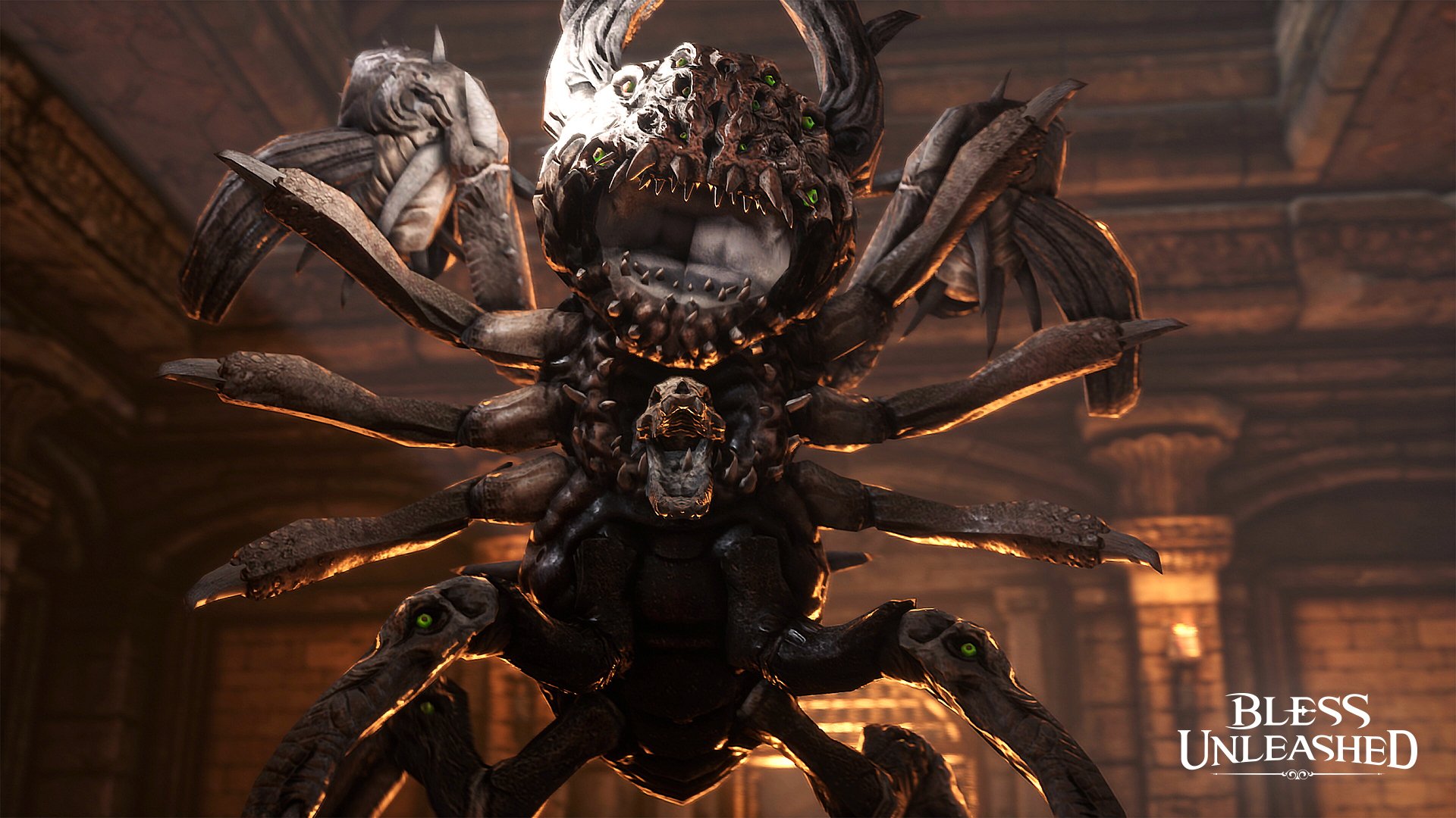 A high-definition wallpaper from the video game Bless Unleashed, featuring a formidable creature with multiple limbs and intricate details set in a dark, immersive environment.