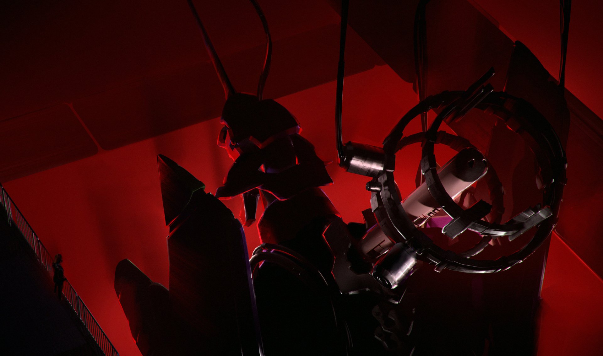 HD PC desktop wallpaper featuring a dark, intense scene from the anime Neon Genesis Evangelion, showcasing a dramatic red-lit mech silhouette.