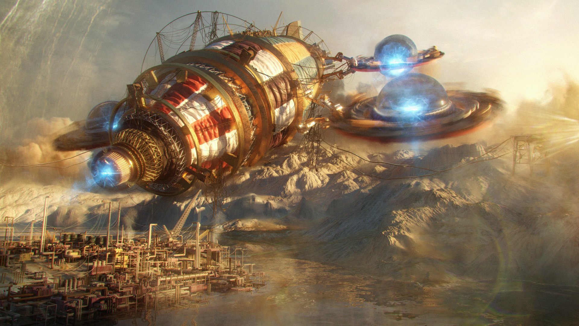 HD wallpaper featuring a detailed spaceship soaring above a mountainous landscape with futuristic structures.