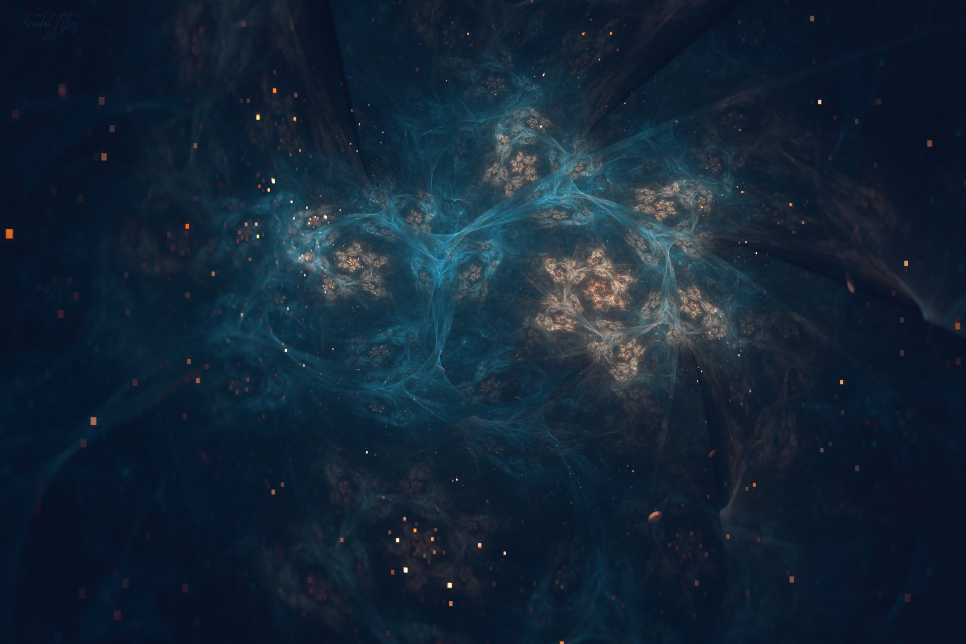 Abstract fractal design with swirling blue and gold patterns, rendered in 4K Ultra HD for a stunning PC desktop wallpaper and background.