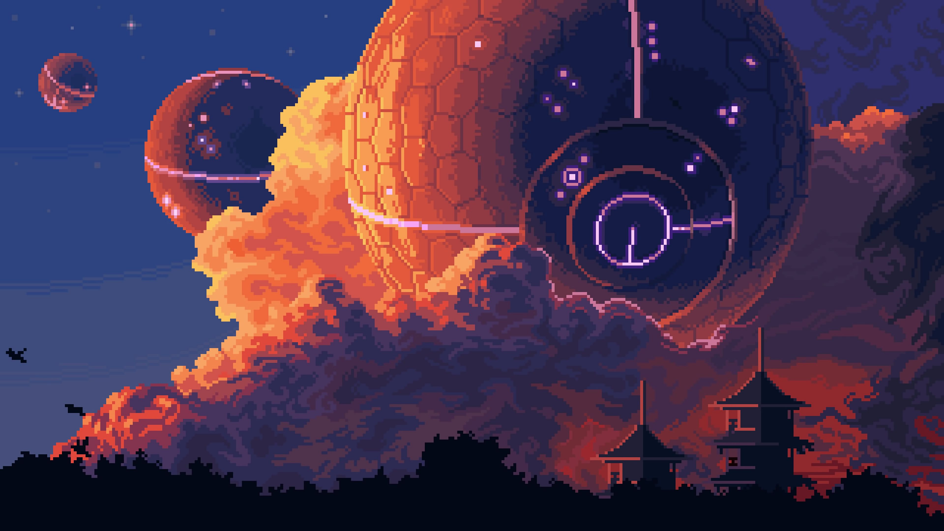 A stunning pixel art scene featuring vibrant planets and intricate clouds, set against a backdrop of silhouetted structures. This 4K Ultra HD wallpaper adds artistic flair to any desktop.