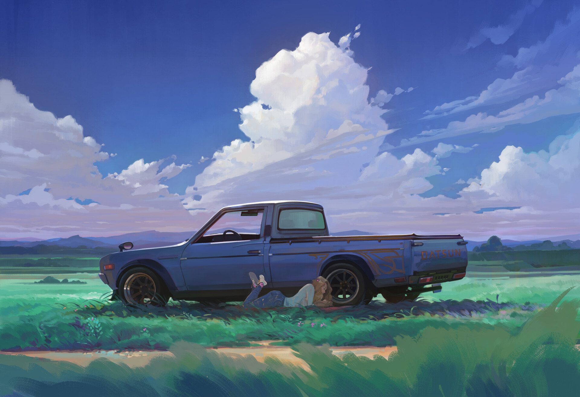 HD desktop wallpaper featuring an artistic depiction of a blue pickup truck in a vibrant green field under a vast, cloudy sky.