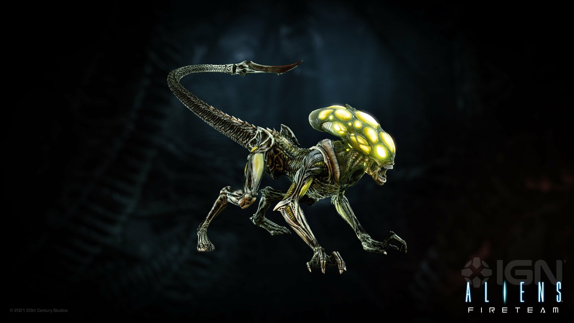 HD desktop wallpaper featuring an Alien creature from Aliens: Fireteam Elite game, set against a dark, atmospheric background.