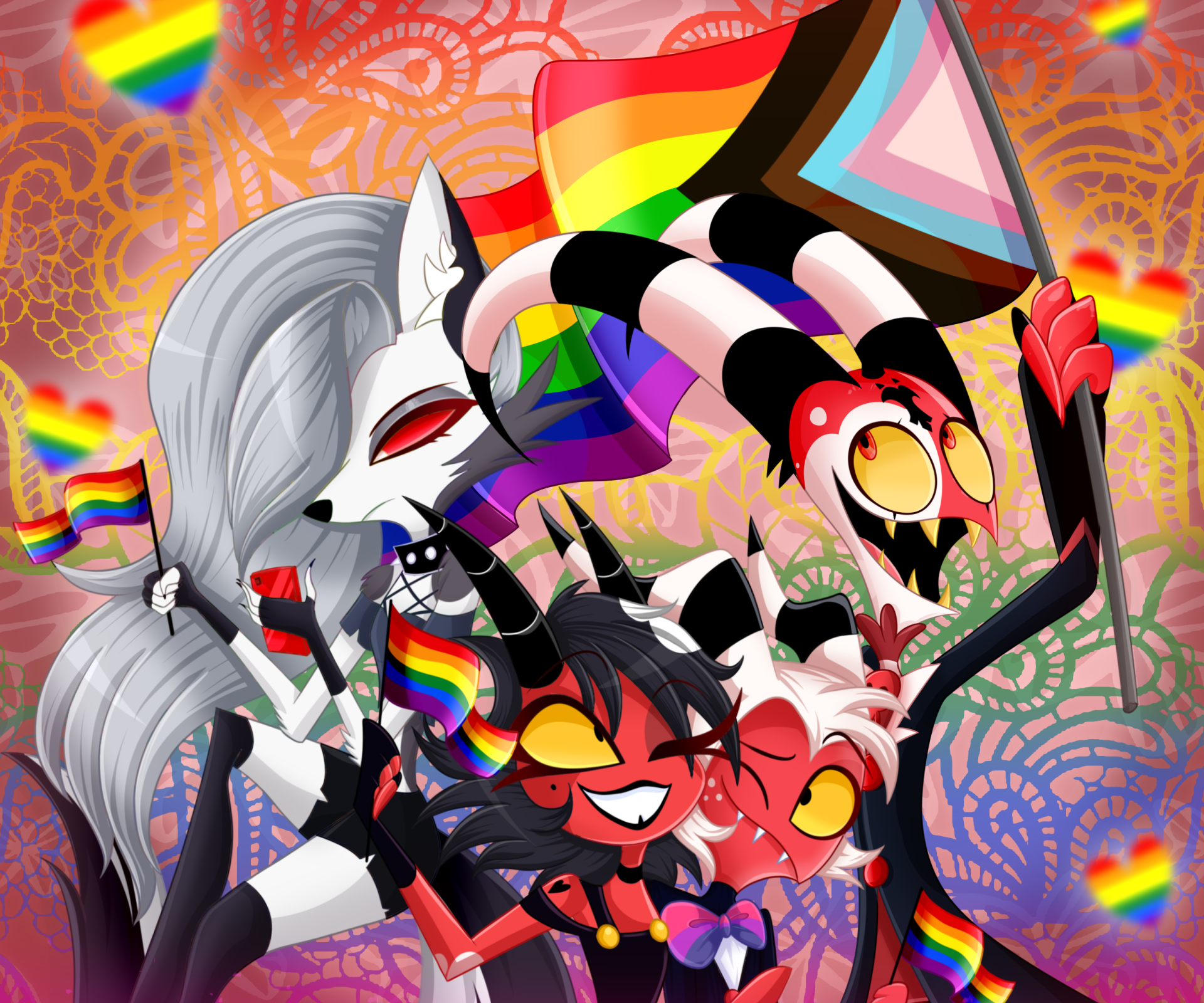 HD desktop wallpaper featuring Helluva Boss characters Moxxie, Millie, Loona, and Blitzo with vibrant rainbow accents from the TV show Helluva Boss.