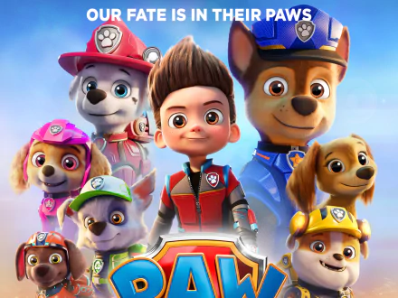 HD PC desktop wallpaper background from Paw Patrol: The Movie showing Ryder centered with Chase, Marshall, Skye, Rubble, Zuma and other pups in bright heroic poses